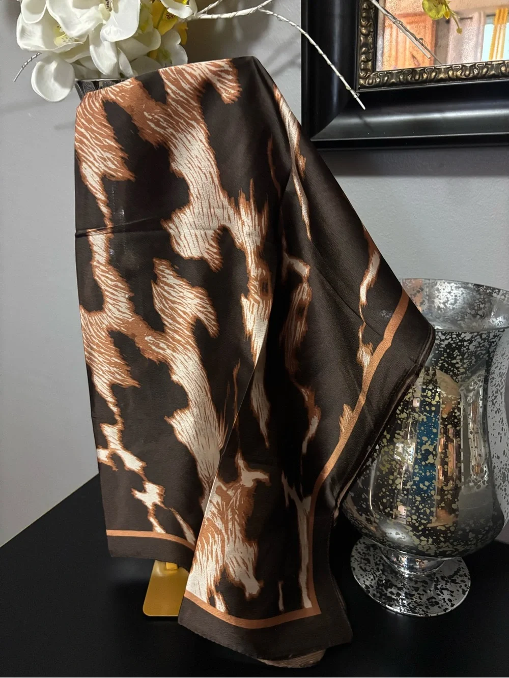 Brown & Camel Abstract Print Satin Scarf
